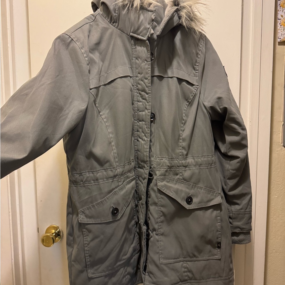 Gray Hooded Hollister jacket with Faux Fur Trim